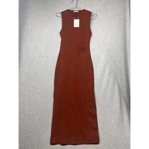 Zara Womens Sleeveless Midi Sheath Dress M Cut Out Back Rust Stretchy Minimalist